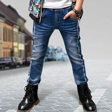 CUHK Kids' Fashion Straight Casual Pants Dark Blue on child model - breathable cotton straight-leg school pants with clean waistband
