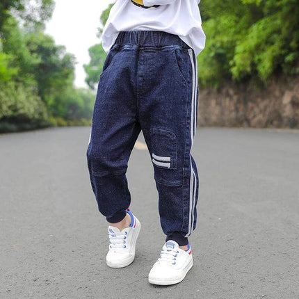 CUHK Kids' Fashion Straight Casual Pants Dark Blue - child wearing dark blue cotton straight casual pants with side stripes and elastic waist