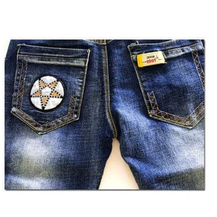 CUHK Kids' Fashion Straight Casual Pants Dark Blue - back pocket view with star patch and contrast stitching on breathable cotton jeans