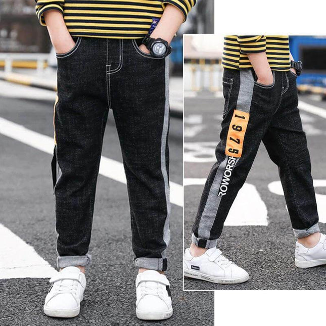 CUHK Kids' Fashion Straight Casual Pants Dark Blue - kid wearing dark blue straight casual cotton pants with side stripe and rolled cuffs