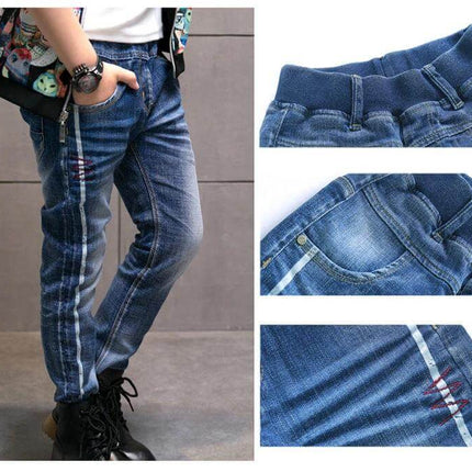 CUHK Kids' Fashion Straight Casual Pants Dark Blue - child model wearing dark blue cotton straight casual pants with side stripe and elastic waistband