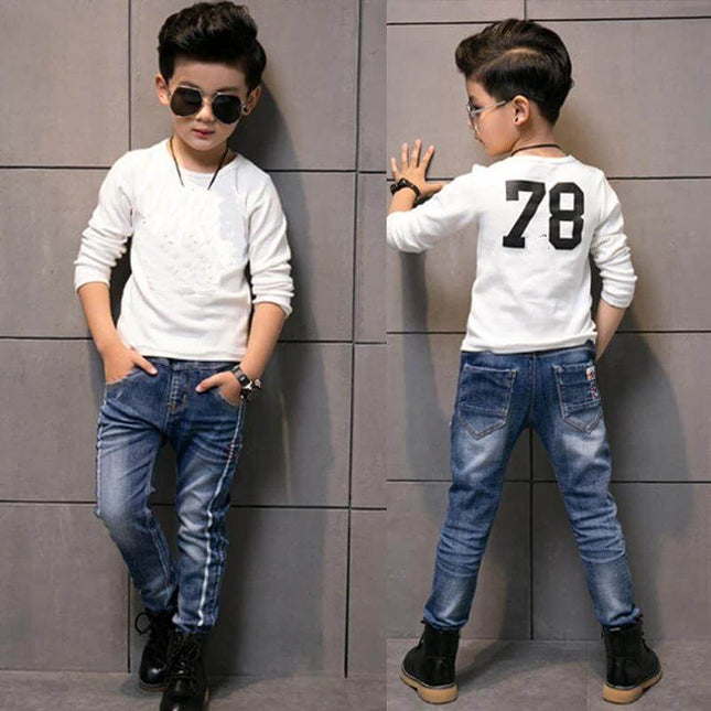 CUHK Kids' Fashion Straight Casual Pants Dark Blue modeled by boy in white top and sunglasses, straight relaxed fit cotton trousers for everyday wear