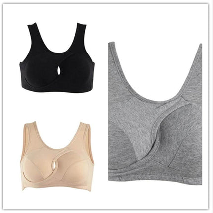 Women's Comfortable Breathable Cotton Gathered Wireless Vest showing black, beige, and gray wireless cotton vests with gathered cups and wide straps