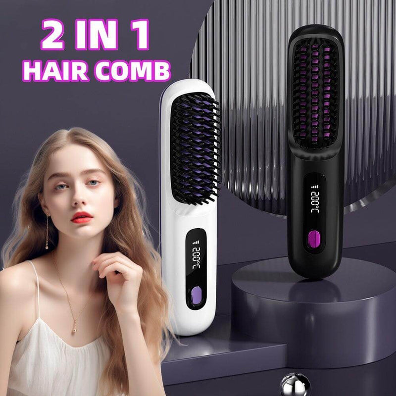 Cordless 2-in-1 Hair Straightening Brush with Fast Heating and USB Charging