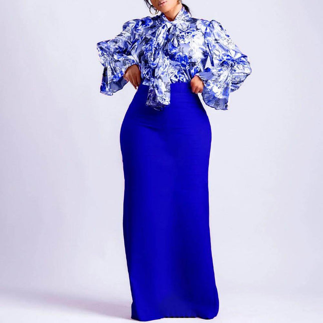 Printed Elegant Women's Lace-Up Shirt and Skirt Set in blue printed blouse with long sleeves and matching royal blue skirt, stylish professional outfit