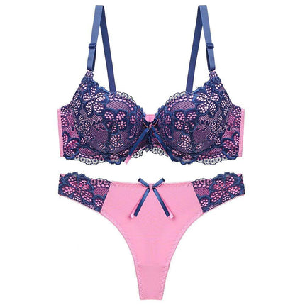 Women's Adjustable Lace Push-Up Bra Set for Everyday Wear - pink and navy lace 3/4 cup spandex bra with matching thong