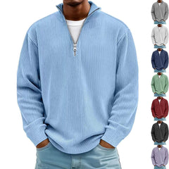 Men's Corduroy Zipper Stand Collar Long Sleeve Sweatshirt in sky blue on model, ribbed corduroy texture and half-zip for casual layering
