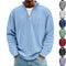 Men's Corduroy Zipper Stand Collar Long Sleeve Sweatshirt in sky blue on model, ribbed corduroy texture and half-zip for casual layering