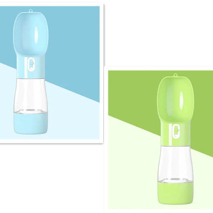 Portable Dog Water Bottle With Food Compartment For Travel - Compact blue and green dual-chamber pet water bottle with top cup and bottom food storage