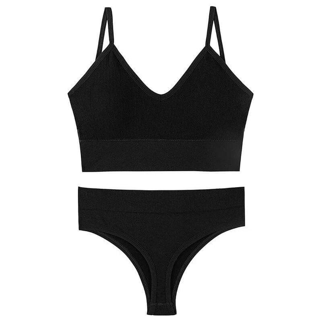 Women's Comfortable Wireless Push-Up Sports Bra for Daily Activities - black wireless thin mould cup bralette and matching brief set for walking, yoga, light workouts