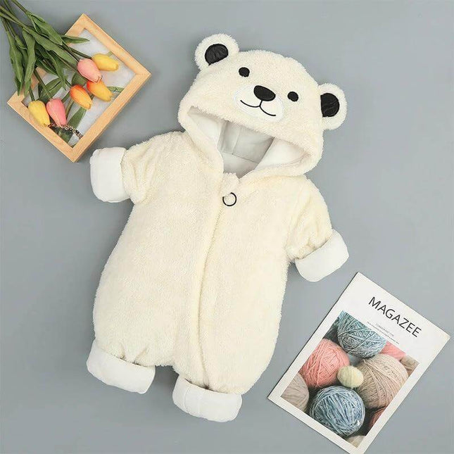 Comfortable Cotton Onesie with Hood for Winter Babies Aged 0-2 Years - cream fleece hooded baby romper with bear face, long sleeves, soft 95% cotton