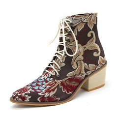 Embroidered Satin Ankle Boots with High Chunky Heels in Black with Ethnic Patterns