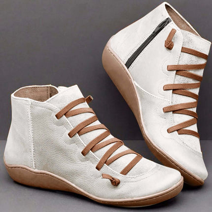 Women's Casual High Top Short Boots With Low Heel Round Toe in white PU with brown laces and side zipper, low heel, cotton lining, casual city style