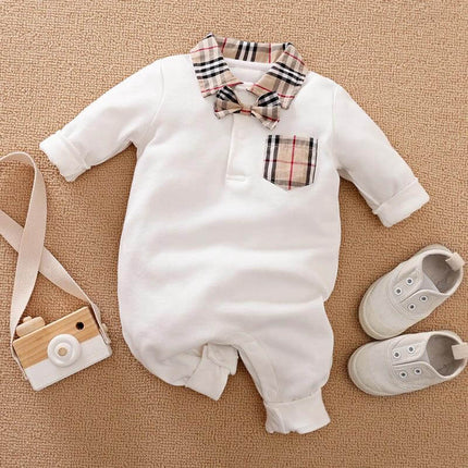 Soft Cotton Gentleman's Long-Sleeved Baby Romper for Daily Wear - white cotton gentleman-style romper with plaid collar, pocket and bow, paired with shoes