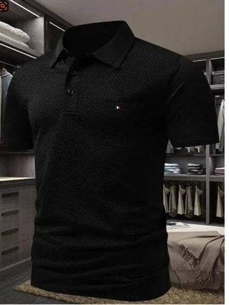 Men's Solid Color Short-Sleeved Lapel Polo Shirt for Casual Wear - black pinhole cloth polo styled with jeans or chinos