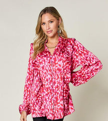 Printed Ruffle Trim Balloon Sleeve Blouse in Full Size