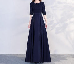 Sophisticated Long Sleeve Versatile Business and Evening Dress Round neck navy long