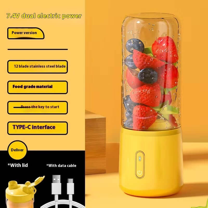 Rechargeable portable juice blender with low noise, 12-blade stainless steel, food-grade material, and Type-C interface in yellow