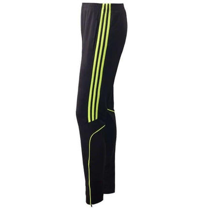 Dema Men's Straight Leg Leisure Pants for Running and Casual Wear in black with neon side stripes, lightweight 100% polyester running pants