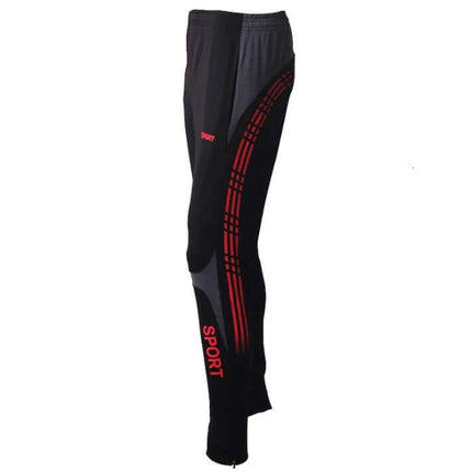 Dema Men's Straight Leg Leisure Pants for Running and Casual Wear shown in black with red sport stripe, polyester lightweight design