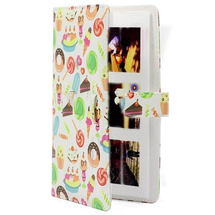 Dessert Pattern 3-Inch Mini Photo Album, PU DIY Insert, 32 Pages showing dessert-pattern PU cover and internal 3-inch photo sleeves holding sample prints