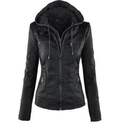 Detachable Hood PU Leather Jacket With Pockets For Women - black fitted PU leather jacket with removable hood and zip pockets for city wear