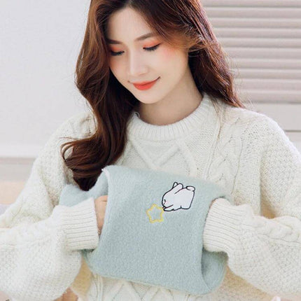 Detachable Rubber Hot Water Bottle Cover 2000ml Pink Rabbit - woman holding soft removable-lined pink rabbit patterned hot water bottle cover
