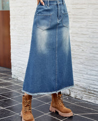 Raw Hem Buttoned Denim Skirt with Pockets