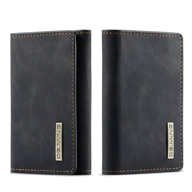 DG.MING Leather Card Wallet For Everyday Use At Home And On The Go - black genuine leather card wallet with magnetic closure and stitched trim