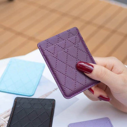 Diamond Lattice Card Bag Slim PU Leather For Phone purple diamond lattice card holder attached to phone with adhesive back, slim PU leather wallet