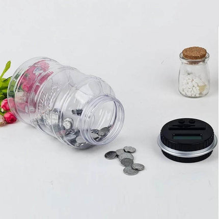 Digital Counting Money Coin Bank For Kids Counts USD EUR GBP - clear ABS coin jar with digital counter, spilled coins and removable lid