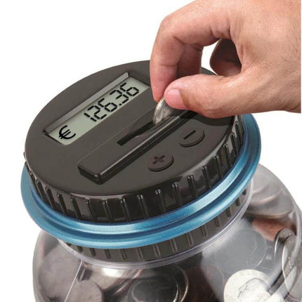 Digital Counting Money Coin Bank For Kids Counts USD EUR GBP - hand inserting coin into digital jar showing total on display