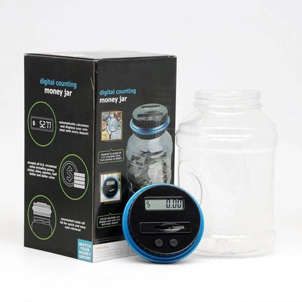 Digital Counting Money Coin Bank For Kids Counts USD EUR GBP - clear jar, digital coin counter display showing 0.00, packaging and blue rim counter