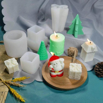 DIY Christmas Candle Silicone Mold Santa Shape For DIY Aromatherapy white silicone molds and finished Christmas candles including Santa, trees, gifts, pine cone
