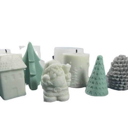 DIY Christmas Candle Silicone Mold Santa Shape For DIY Aromatherapy white and green Santa tree pinecone candles made with silicone mold set