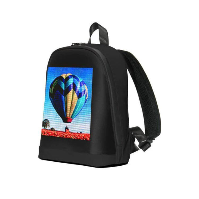 DIY Pattern Backpack With LED Display For Everyday School Use - black school backpack with 64x64 LED showing hot air balloon image