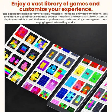 DIY Pattern Backpack With LED Display For Everyday School Use showing tablet app library of colorful 64x64 pixel patterns and game icons