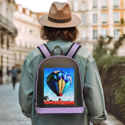 DIY Pattern Backpack With LED Display For Everyday School Use showing hot air balloon graphic on 64x64 pixel LED screen, weather-resistant organized school bag