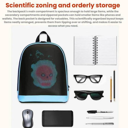 DIY Pattern Backpack With LED Display For Everyday School Use showing LED skull pattern, organized compartments with glasses, phone, mouse, notebook