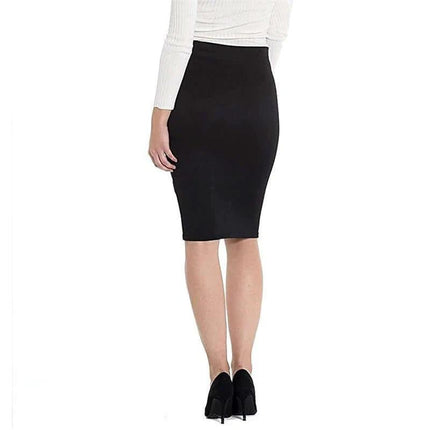 Double Layer Sheath High Waist A Line Skirt Black Office Wear - back view of mid-length high-waist A-line polyester skirt styled for office