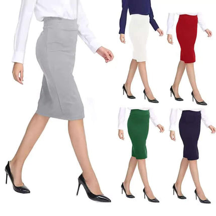 Double Layer Sheath High Waist A Line Skirt Black Office Wear - mid-length polyester A-line skirt shown in multiple colors, high waist, fitted sheath silhouette