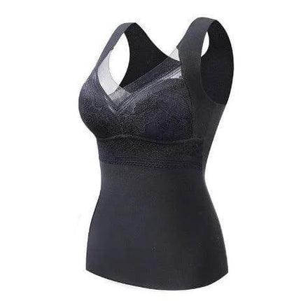 Double-Sided Sanded Heating Bra With Removable Chest Pads in dark blue vest-style design with lace detail and wide straps