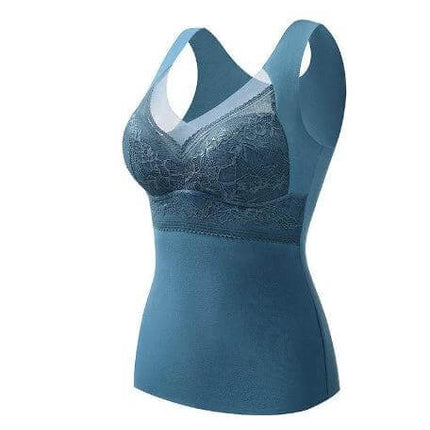 Double-Sided Sanded Heating Bra With Removable Chest Pads - teal vest-style heating bra with lace cups and removable pads