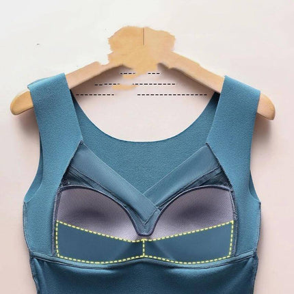 Double-Sided Sanded Heating Bra With Removable Chest Pads — teal vest-style heating bra with removable chest pads on hanger