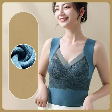 Double-Sided Sanded Heating Bra With Removable Chest Pads in dark blue vest-style design with lace front and wide straps
