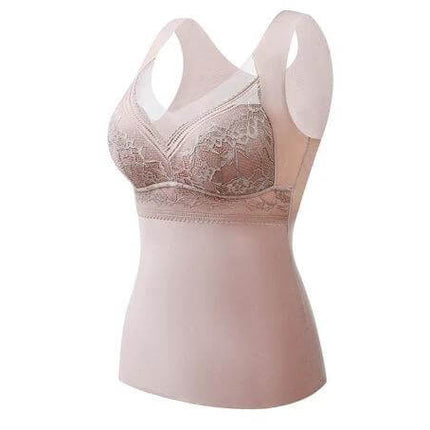 Double-Sided Sanded Heating Bra With Removable Chest Pads in skin color, vest-style with lace cups and removable chest pads for layered warmth
