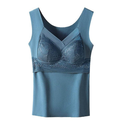 Double-Sided Sanded Heating Bra With Removable Chest Pads in dark blue lace vest-style, soft polyester lining and warming function