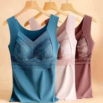 Double-Sided Sanded Heating Bra With Removable Chest Pads in teal, blush and mauve on hangers, lace detail and vest-style warmth