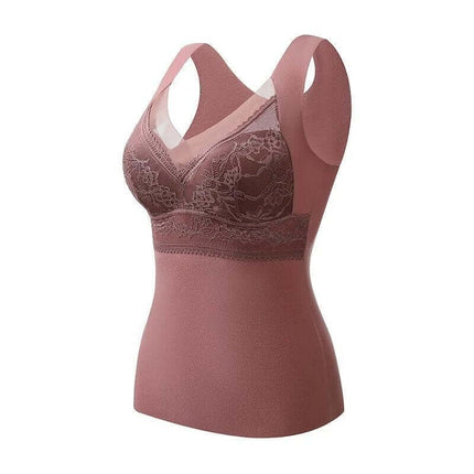 Double-Sided Sanded Heating Bra With Removable Chest Pads in skin, light brown, camel and dark blue layered display