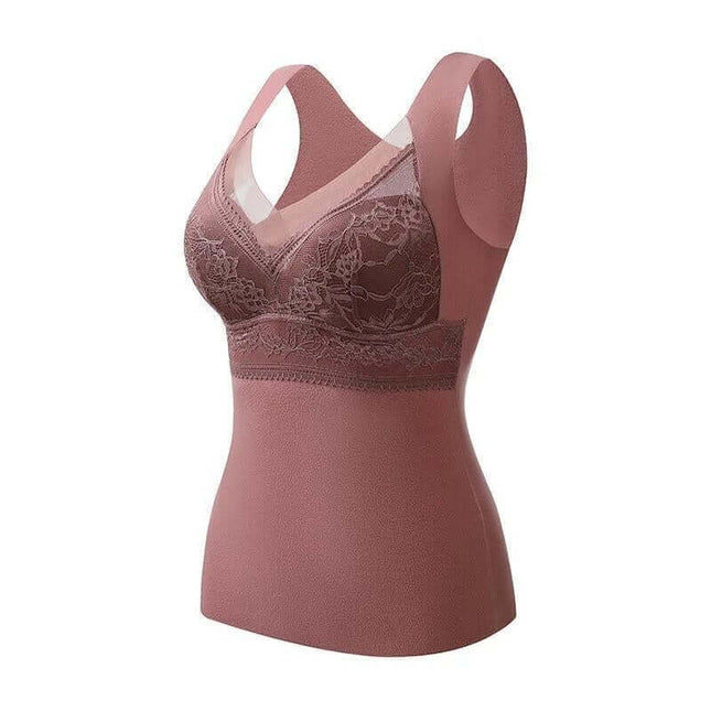 Double-Sided Sanded Heating Bra With Removable Chest Pads in skin, light brown, camel and dark blue layered display